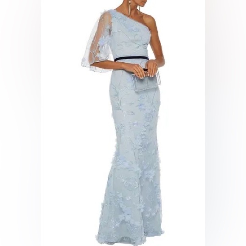 Marchesa Notte Embroidered Floral One-Shoulder Belted Trumpet Gown- Size 12